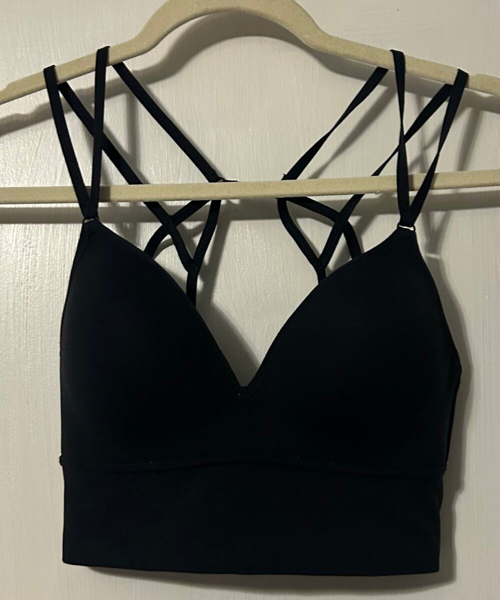 ATHLETA STRAPPY BACK black soft cup LONG LINE BRA Bralette sports bra XS